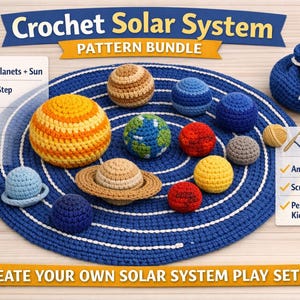 かぎ針編みの太陽系パターンセット、あみぐるみ惑星、モンテッソーリ玩具（PDFダウンロード）