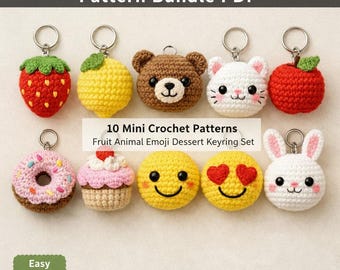 Paquete de patrones PDF para llaveros de amigurumi sin costuras, lindos mini juguetes de ganchillo