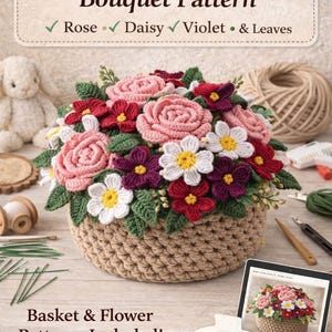 May include: A crochet flower basket bouquet pattern with roses, daisies, and violets. The basket is filled with handmade crochet flowers in shades of pink, red, white, and purple. The pattern includes instructions for the basket and flowers.