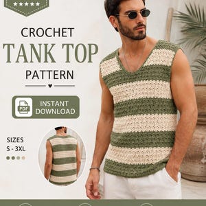 May include: A crochet tank top pattern featuring horizontal stripes in olive green and cream. The text reads BEST SELLER, CROCHET TANK TOP PATTERN, INSTANT DOWNLOAD, SIZES S-3XL, EASY TO FOLLOW, DETAILED STITCH CHART, and PRINTABLE PDF.