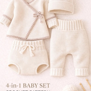 Könnte beinhalten: Ein cremefarbenes Baby-Set aus Strick, bestehend aus einer Strickjacke, einer Mütze, einer Hose und Shorts. Die Strickjacke hat ein Wickeldesign mit Krawattenverschluss. Ein Geschenk zur Babyparty.