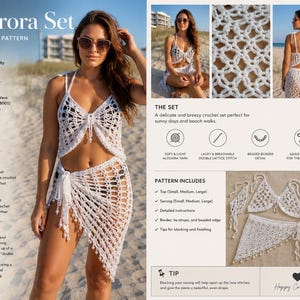 Puede incluir: Un conjunto de patrón de ganchillo blanco titulado Aurora Set, que incluye un top estilo halter y un pareo. El diseño utiliza un punto de celosía doble con bordes de cuentas y lazos ajustables, mostrado en varias vistas sobre una playa.