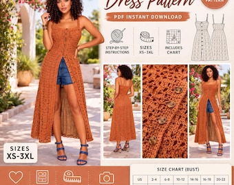 Boho Crochet Dress Pattern PDF, Lace Summer Dress Tutorial, Button Front Beach Cover Up