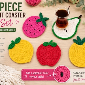 Juego de 5 posavasos de ganchillo con diseño de frutas, decoración de cocina de algodón hecha a mano (patrón en PDF)