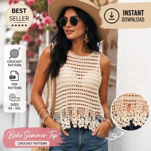 May include: A beige sleeveless crochet top featuring a square grid pattern on the bodice and a scalloped floral edge at the hem. The design includes text labels for Best Seller, Instant Download, Crochet Pattern, PDF Pattern, and Sizes XS-5XL.