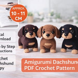 Patrón de amigurumi de perro salchicha en PDF, juguete de peluche de perro salchicha, regalo para amantes de los perros, descarga instantánea.