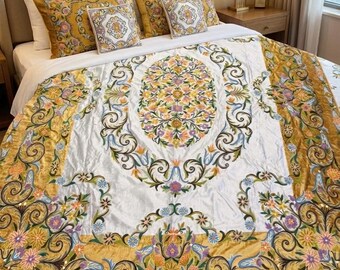 Bed Decore : kashmiri Embroided crewel work cream and yellowish color