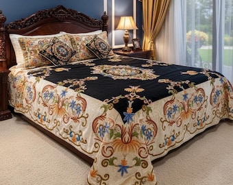 Kashmiri Crewel Embroidered Bedspread: Velvet Floral Bed Decor