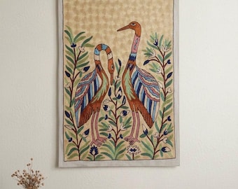 Kashmiri Chain Stitch Wall Hanging | Embroidered Bird Crewel Tapestry, Boho Decor in Silk