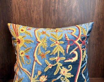 Hand work crewel Embroided Pillow Cover 24*24 inches turquoise color