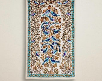 Kashmiri Chain Stitch Wall Hanging | Embroidered Bird Crewel Tapestry, Boho Decor in Silk