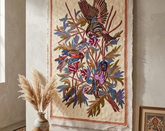 Kashmiri Chain Stitch Wall Hanging | Embroidered Bird Crewel Tapestry, Boho Decor