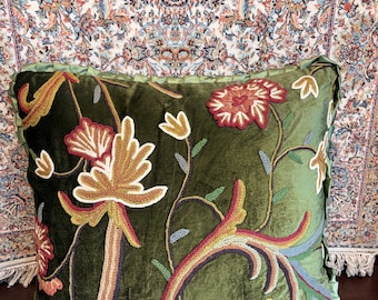 Hand work Crewel Embroided Pillow Case Green colour