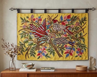 Kashmiri Chain Stitch Wall Hanging | Embroidered Crewel Bird Tapestry, Boho Decor in yellow color