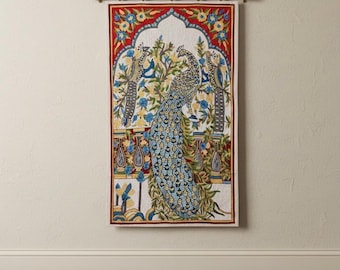 Kashmiri Chain Stitch Wall Hanging | Embroidered Bird Crewel Tapestry, Boho Decor in Silk