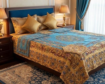 Hand Embroidered Kashmiri Bed Decore : Golden Yellow Crewelwork