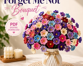 Crochet Forget Me Not Flower Bouquet Pattern Handmade Purple Floral Gift Home Decor Mother's Day Valentine Anniversary Beginner US Terms