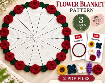 Crochet Round Blanket Pattern 3 Sizes Floral Throw Nursery Baby Shower Home Decor Sunflower Daisy Rose Lavender Applique Gift DIY