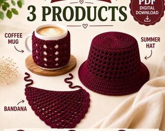 Crochet Pattern Bundle, 3 Beginner Crochet Patterns, Summer Hat, Mug Cozy & Bandana, Easy PDF Digital Download