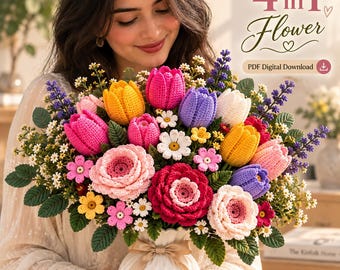 4 in 1 Crochet Flower Pattern, Forget Me Not, Tulip, Lavender & Thai Rose, Crochet Bouquet PDF Digital Download
