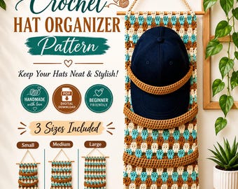 Crochet Hat Organizer Pattern Wall Hanger 3 Sizes Hat Storage Boho Home Decor Bedroom Entryway Housewarming Gift DIY US Terms