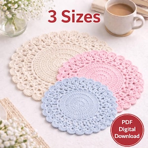 Crochet Placemat Pattern PDF Three Sizes Round Table Mat Easy Kitchen Decor Digital Download