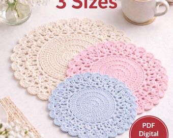Crochet Placemat Pattern PDF Three Sizes Round Table Mat Easy Kitchen Decor Digital Download