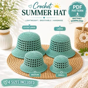 May include: A digital pattern for a crochet summer hat featuring four sizes: extra large, large, medium, and small. The image displays four teal-colored hats with a grid-like pattern, labeled with their respective sizes, and includes the text Crochet Summer Hat, Lightweight, Breathable, Handmade, PDF Pattern, Instant Download, and 4 Sizes Included.