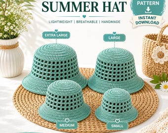Crochet Summer Bucket Hat Pattern 4 Sizes Women Beach Cap Sun Hat Boho Outdoor Fashion Handmade Beginner US Terms DIY Product