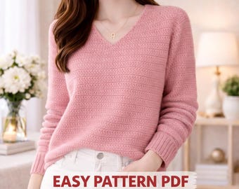 Crochet Pattern V-Neck Pullover Sweater, Easy Beginner, Women's Winter, Beginner-Friendly, Sizes S-XL, Digital Download,