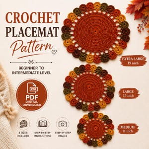 Crochet Placemat Pattern PDF Three Sizes Round Table Mat Farmhouse Kitchen Decor Digital Download