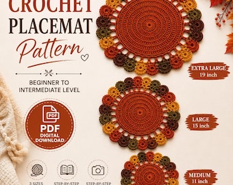 Crochet Placemat Pattern PDF Three Sizes Round Table Mat Farmhouse Kitchen Decor Digital Download