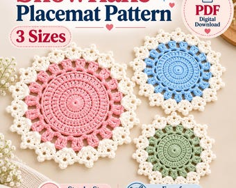Crochet Snowflake Placemat Pattern 3 Sizes Round Winter Table Decor Dining Mat Lace Doily Housewarming Gift Home Decor DIY