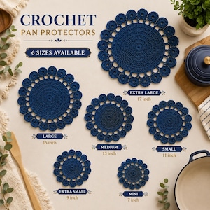 May include: Six round, dark blue crochet pan protectors with scalloped edges. Text labels indicate sizes: Extra Large 17 inch, Large 15 inch, Medium 13 inch, Small 11 inch, Extra Small 9 inch, and Mini 7 inch. The title reads Crochet Pan Protectors.