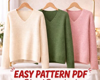 Crochet Pattern V-Neck Pullover Sweater, Easy Beginner, Women's Winter, Beginner-Friendly, Sizes S-XL, Digital Download,