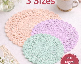 Crochet Placemat Pattern PDF Three Sizes Round Table Mat Easy Kitchen Decor Digital Download