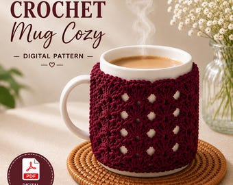 Crochet Mug Cozy Pattern Coffee Cup Sleeve Handmade Kitchen Gift Teacher Christmas Housewarming Quick Easy Beginner Lace Design