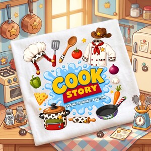 May include: A white t-shirt featuring a colorful graphic with the text COOK STORY COOKING TO INFINITY & BEYOND. The design includes a chef hat, a cowboy hat, a chef coat, a pot, a frying pan, a rolling pin, a spatula, a spoon, and vegetables.