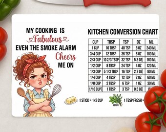 Kitchen Conversion Chart PNG | Funny Cooking Quote Cutting Board png | Smoke Alarm Cheers Me On | Measurement Cheat Sheet | Bad Cook Gift