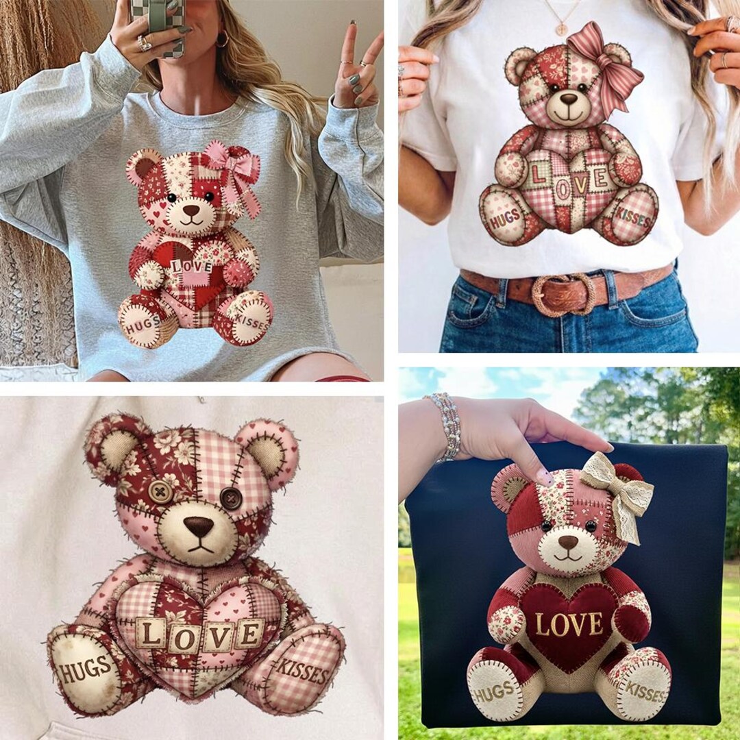 Patchwork Teddy Bear PNG Bundle, Valentine's Day Love Heart, Valentine ...