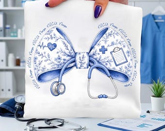 NICU Nurse PNG, NICU Nurse Bow png, Blue Floral Nurse png, Stethoscope Nurse Design, Neonatal Nurse png, Nurse Gift png