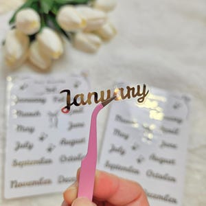 May include: A clear sticker with the word "January" in gold script is held by pink tweezers. Other stickers with months of the year are visible in the background. White flowers are in the background.