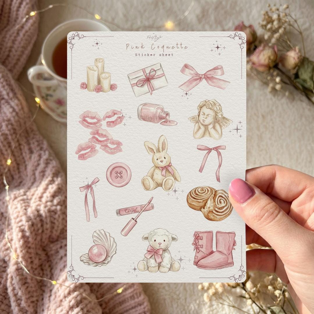 Pink Coquette Sticker Sheet | Journal Stickers | Watercolor Scrapbook ...