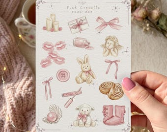 Pink Coquette Sticker Sheet | Journal Stickers | Watercolor Scrapbook Aesthetic