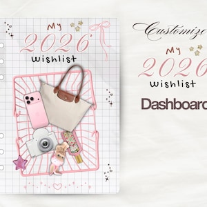 May include: A digital planner page with the text "My 2026 Wishlist" in pink script. The page features a pink grid, a pink basket with a pink phone, a camera, a tote bag, and other accessories. The word "Customize" is also visible.