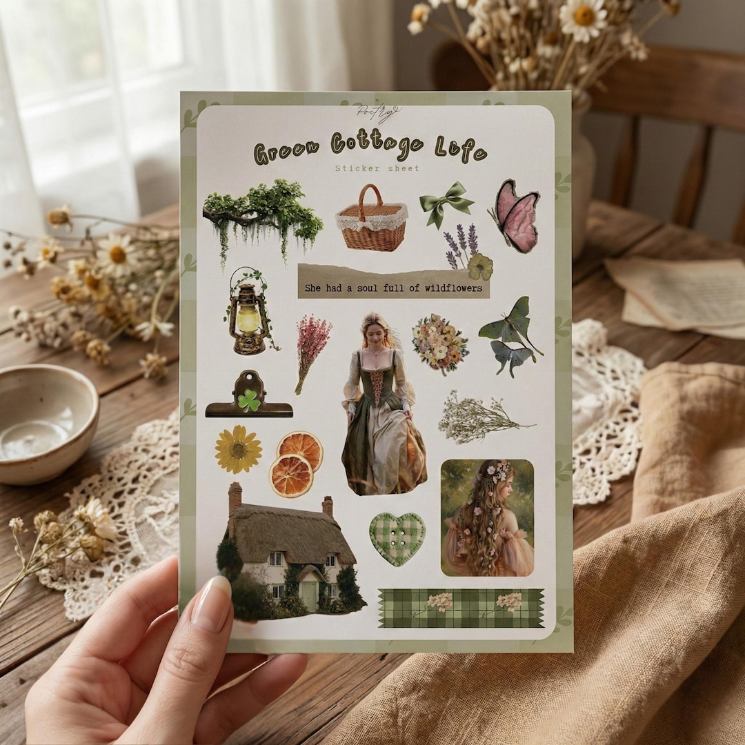 Green Cottage Life Sticker Sheet | Junk Journal Stickers | Scrapbooking ...