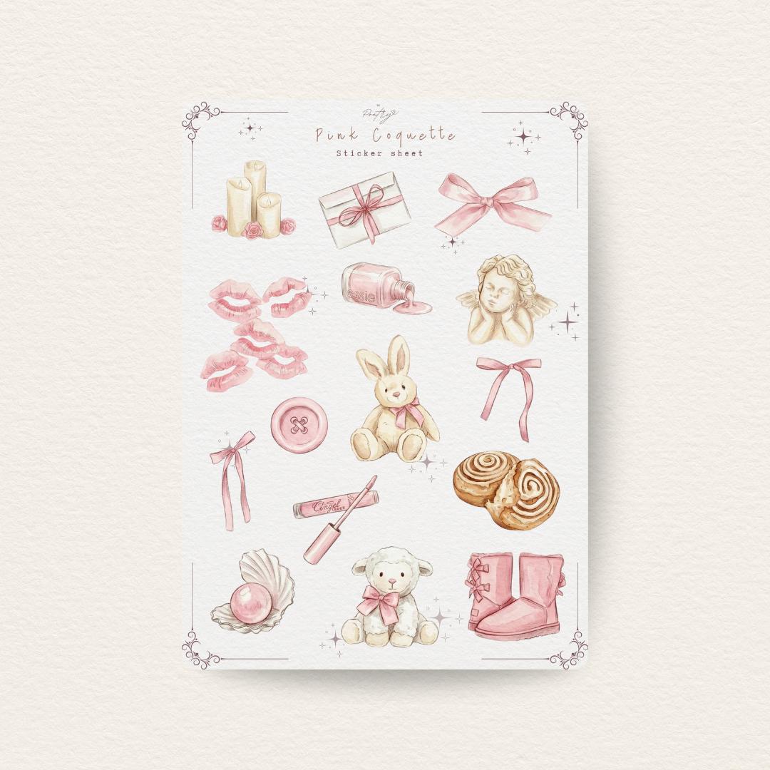 Pink Coquette Sticker Sheet | Journal Stickers | Watercolor Scrapbook ...