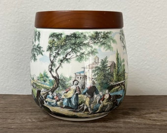 Vintage porcelain tobacco jar, canister, Renaissance scene, Italy