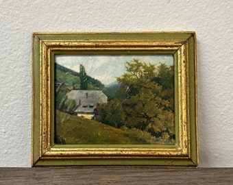 Vintage small green and gold Italian Florentine frame with landscape, reproduction