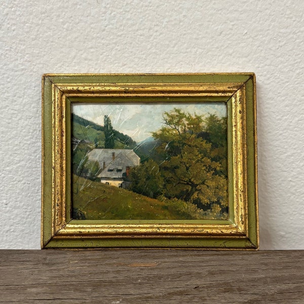 Vintage small green and gold Italian Florentine frame with landscape, reproduction